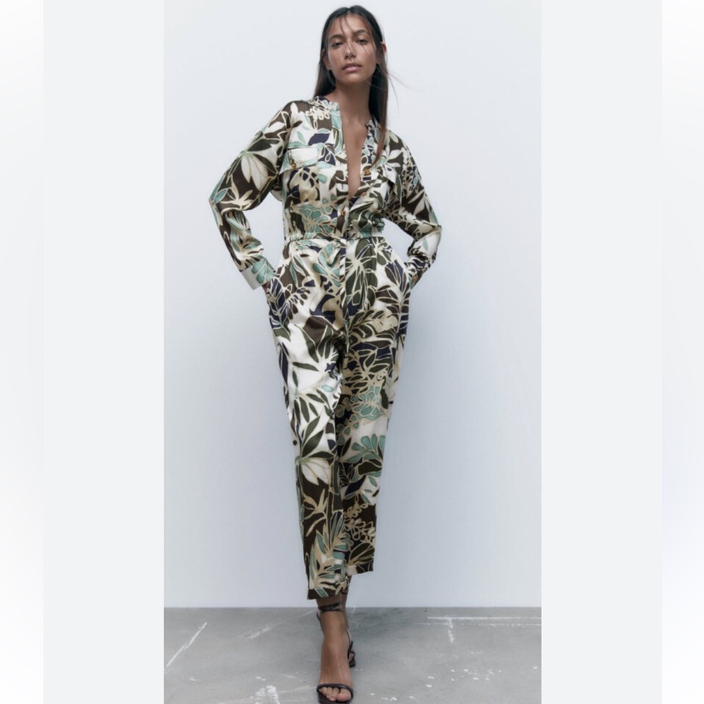 Zara Leaf Print Jumpsuit in Green and Cream